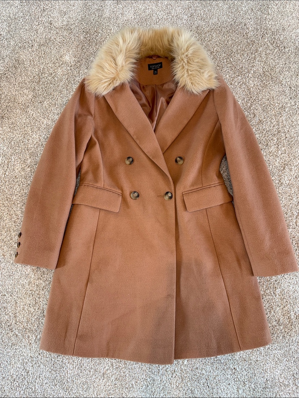 Topshop Double-Breasted Pea Coat with Faux Fur Collar in Camel Brown